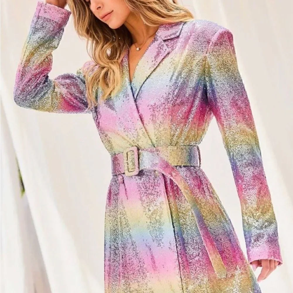 Pastel rainbow sequin dress with belt